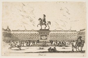 اللوحة 3: La Place Royale ، تمثال الفروسية لويس الثالث عشر في ملف تعريف يواجه اليسار في عام 1642 م. بواسطة ستيفانو ديلا بيلا