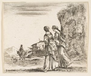 اللوحة 3: فتاتان تمشيان نحو اليسار ، تُرى من الخلف ، امرأة على جواد ت ... ، كاليفورنيا. 1644-47. بواسطة ستيفانو ديلا بيلا