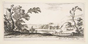 اللوحة 3: فارسان يعبران نهرًا إلى اليمين ، امرأة تحمل سلتين فوق دونك ... ، كاليفورنيا. 1641. بواسطة ستيفانو ديلا بيلا