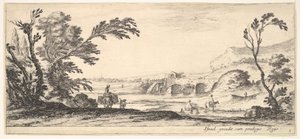 اللوحة 3: فارسان يعبران نهرًا إلى اليمين ، امرأة تحمل سلتين فوق دونك ... ، كاليفورنيا. 1641. بواسطة ستيفانو ديلا بيلا