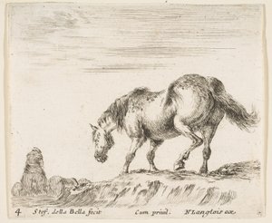 اللوحة 4: حصان في صورة جانبية يواجه اليسار ، على وشك النزول من تل ، حصان ... ، كاليفورنيا. 1644-47. بواسطة ستيفانو ديلا بيلا