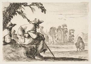 اللوحة 5: حاجان يرتديان القبعات إلى اليسار ، من الخلف ، برج ركوب فارس ... ، 1642. بواسطة ستيفانو ديلا بيلا