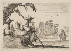 اللوحة 5: حاجان يرتديان القبعات إلى اليسار ، من الخلف ، برج ركوب فارس ... ، 1642. بواسطة ستيفانو ديلا بيلا