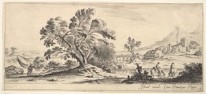 اللوحة 6: صياد يحمل شبكة إلى اليسار ، وفرسان في جدول يمين ، شجرة ... ، كاليفورنيا. 1641. بواسطة ستيفانو ديلا بيلا