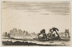 اللوحة 7: نبلان يجلسان في المركز ، يُنظر إليهما من الخلف ، يتحدثان مع بحر نبيلة ... ، 1642. بواسطة ستيفانو ديلا بيلا