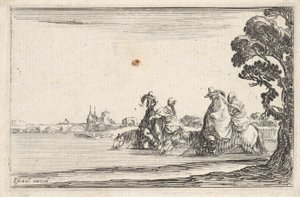 اللوحة 8: فارسان يرتديان قبعات على اليمين ، كل منهما امرأة جالسة خلفهما ، راكبة ... 1642. بواسطة ستيفانو ديلا بيلا