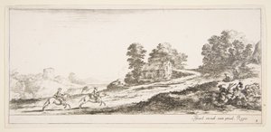 اللوحة 9: اثنان من الفرسان يسارا يسيران صعودا نحو اليمين ، حصان ويجلس م ... ، كاليفورنيا. 1641. بواسطة ستيفانو ديلا بيلا