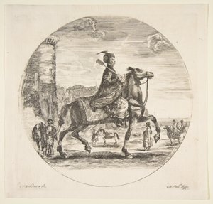 الفارس البولندي في الملف الشخصي الذي يواجه الحق ، وبرج وشخصيات أخرى على الخيول في الخلفية ... ، كاليفورنيا. 1651. بواسطة ستيفانو ديلا بيلا