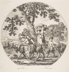عائلة ساتير تسير نحو اليسار بماعز وسلة عنب ، كاليفورنيا. 1657. بواسطة ستيفانو ديلا بيلا
