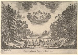 المشهد الثاني ، في غابة دياناس ، من زواج الآلهة Le nozze degli Dei ، 1637. بواسطة ستيفانو ديلا بيلا