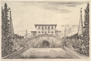 الفيلا في الوسط محاطة بأربع مسلات ، وسلم على كلا الجانبين ، وتمثال في ... ، كاليفورنيا. 1653. بواسطة ستيفانو ديلا بيلا