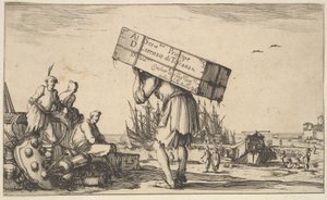 صفحة العنوان: رجل يحمل حقيبة على ظهره في المنتصف ، ثلاثة رجال يتطلعون إليه في ... ، 1639. بواسطة ستيفانو ديلا بيلا