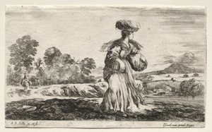 شخصيات ومناظر طبيعية مختلفة: امرأة فلاحية تحمل سلة على رأسها ، 1649. بواسطة ستيفانو ديلا بيلا