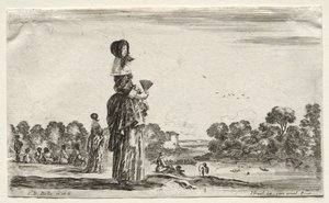 شخصيات ومناظر طبيعية مختلفة: نساء يشاهدن السباحين على طول النهر ، 1649. بواسطة ستيفانو ديلا بيلا