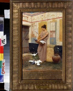 Femme et colombes (امرأة ذات حمام). لوحة لستيبان (ستيفان) فلاديسلافوفيتش باكالوفيتش (1857-1947). Huile sur bois. متحف الفن الإقليمي M. Vrubel ، أومسك