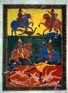 فرسان نهاية العالم الأربعة. ويطلق الملاك البوق السادس: ظهور خيل برأس أسد ينفث نارًا، وفرسان راكبين بوارج. هلك ثلث الرجال. المنمنمة في "" بيتوس دي ليبانا، تعليق على نهاية العالم بواسطة ستيفن جارسيا