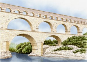 جسر دي جارد اليوم، فرنسا، حوالي 1900-2023 (حبر وألوان مائية) بواسطة ستيفن كونلين