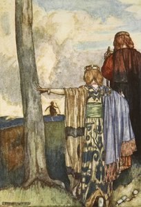 الملكة مايف تلتقي بكوتشولين ، رسم توضيحي من "كوتشولين ، كلب الصيد في ألستر" ، بقلم إليانور هال (1860-1935) بواسطة ستيفن ريد