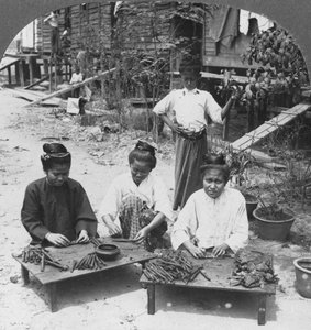 صنع السيجار الضخم الذي تدخنه النساء ، بورما ، 1908 بواسطة شركة السفر ستيريو