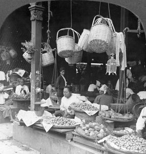 متاجر في سوق محلي ، رانجون ، بورما ، 1908 بواسطة شركة السفر ستيريو