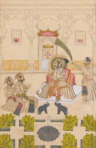 ماهارانا عمار سينغ الثاني يظهر فيلان فضيان ، كاليفورنيا. 1705. بواسطة سيد Stipple