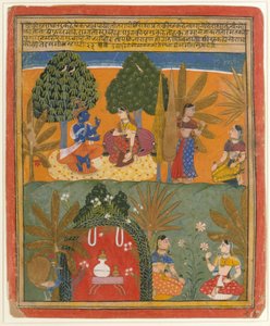 كريشنا ورادها مع المقربين: صفحة من جيتا جوفيندا المشتتة ، كاليفورنيا. 1655-60. بواسطة أسلوب مانوهار