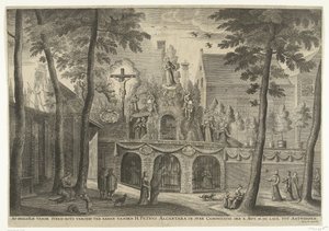 نصب Stellage في أنتويرب بمناسبة تقديس بيتر الكانتارا عام 1669 صور من الحجر الصخري مزينة تكريما للقديس بيتر الكانتارا في تزامن تقديس العاشر. MDCLXIX إلى أنتويرب (العنوان على الكائن) بواسطة سوزانا فيربروجن (ربما)