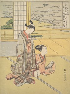 شاب وامرأة مع Shamisen ، الراهب Saigyo ، من سلسلة تلمح إلى Thre ...، ca. 1768. بواسطة سوزوكي هارونوبو