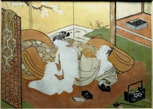 زوجان من العشاق يرقدان في الداخل مع شاشة ، مربع الخط طباعة Nishiki-e (Nishiki e) لسوزوكي هارونوبو (1725 حوالي 1770) 1765 تقريبًا. الشمس. 20،6x27،8 سم مجموعة خاصة بواسطة سوزوكي هارونوبو