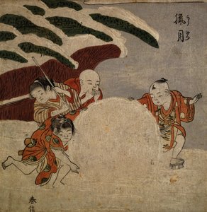أربعة أولاد يصنعون كرة ثلجية ، c.1768 (طبعة خشبية ملونة) بواسطة سوزوكي هارونوبو