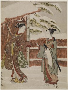 تقليد مشهد من النسخة النسائية من Kabuki Play نسخة من الأشجار Ptted ، ج. 1768 بواسطة سوزوكي هارونوبو