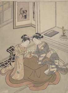 فتاتان تجلسان بجانب كوتاتسو تلعبان في مهد القط ، كاليفورنيا. 1765. ، كاليفورنيا. 1765. بواسطة سوزوكي هارونوبو