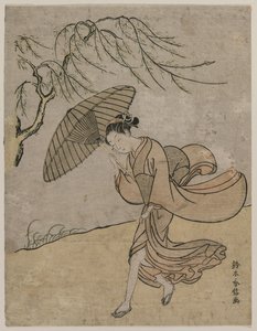 امرأة تجري بالقرب من شجرة صفصاف في نسيم ، 1766 أو 1767. بواسطة سوزوكي هارونوبو