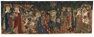 نسيج ظهري يصور أربعة مشاهد من حياة العذراء، من بازل، حوالي 1450-1475 (خيوط من الصوف والكتان الأبيض) بواسطة المدرسة السويسرية