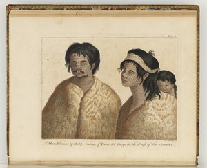 سكان تيرا ديل فويغو الأصليون ، رسم توضيحي من "يوميات رحلة إلى البحار الجنوبية: في سفينة جلالة الملك ، المسعى" بواسطة سيدني (بعد) مرض باركنسون