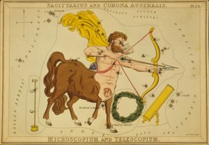 القوس و Corona Australis ، Microscopium ، و Telescopium ، رسم توضيحي من 'مرآة Urania' بواسطة قاعة سيدني