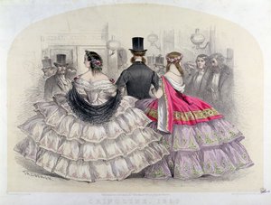السيدات يرتدين الكرينولين في الأوبرا الملكية الإيطالية ، كوفنت غاردن ، 1859 (نقش الألوان) بواسطة TH Guerin