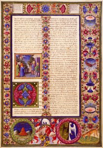 كتاب سيراخ ، من المجلد الأول من الكتاب المقدس لبورسو ديست ، منمق بواسطة تادو كريفيللي (1425-1479) وآخرون ، مخطوطة لاتينية 422-423 ، الصحيفة 293 ، ظهر ، مخطوطة برشمان