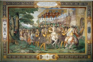 الملك فرانسيس الأول يستقبل تشارلز الخامس والكردينال أليساندرو فارنيسي في باريس عام 1540. 1559