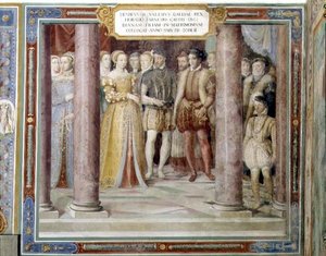 زواج أورازيو فارنيزي وديانا ، ابنة هنري الثاني ملك فرنسا (1519-59) من "Sala dei Fasti Farnese" (قاعة روائع Farnese) 1557-66 (جدارية)