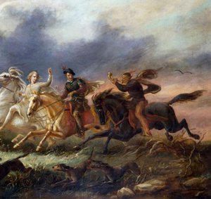 "ثلاثة فرسان على خيول راكضة، أحدهم يعزف على البوق. لوحة للفنان تاديوس برودوفسكي (1821-1848) 1848 مجموعة خاصة بواسطة 