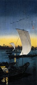 Sekiyado evening view, c.1930 (O-tanzaku woodcut)