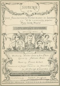صفحة العنوان التذكارية لأداء الذكرى السنوية الأولى في لندن لـ The Merry Widow (لون ليثو) بواسطة تالبوت هيوز