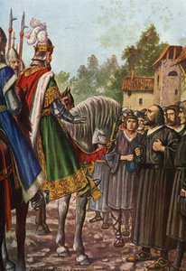 الإمبراطور فريدريك الأول باربيروسا (1122-1190) في رحلته الثانية إلى إيطاليا عام 1158 يمر عبر نهر أدا ويلتقي بأهل لودي الذين يتوسلون إليه لاستعادة أراضيهم. تانكريدي سكاربيللي (1866-1937) من "Storia d