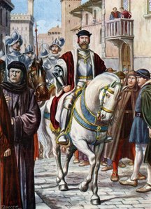 صورة لكوزيمو (تعال) الأول من توسكانا (كوزيمو دي ميديشي) (1519-1574) ، وهي تتجول في شوارع فلورنسا ، وتحيط بأعضاء ميليشياته المكونة من جنود إسبان وألمان (صورة كوزيمو الأول دي ميديشي ، دوق توسكانا الأكبر ، محمي بواسطة تانكريدي سكاربيللي