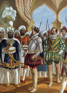 الملاح البرتغالي بيدرو ألفاريس كابرال (1460-1526) في بلاط ملك كاليكوت (زامورين) (كوزيكود) في 13/09/1500 للتفاوض بشأن إنشاء عداد ، الهند (الملاح البرتغالي بيدرو ألفاريس كابرال يتفاوض مع زامورين في كالي بواسطة تانكريدي سكاربيللي