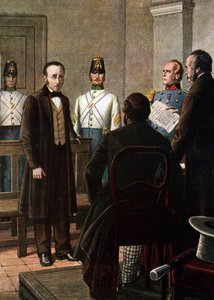 قراءة الجملة التي تدين سيلفيو بيليكو (1789 - 1854) وبييرو مارونسيلي (1795 - 1846) بالسجن في قلعة سبيلبرغ في برنو لانتمائهم إلى حركة كاربوناري (Charbonnerie أو Carboneria) بواسطة تانكريدي سكاربيللي