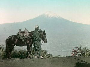 رجل ياباني مع حصان على جبل أوتومي، يرتدي ثوباً ويحدق في جبل فوجي، حوالي عام 1900 - 1915 (صورة فوتوغرافية)