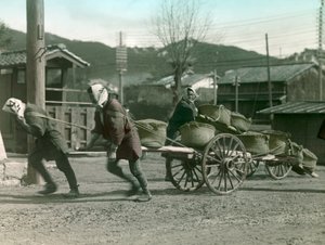 فلاحون يابانيون يجرون أكياس الأرز على عربة، حوالي عام 1900 - 1915 (صورة فوتوغرافية)