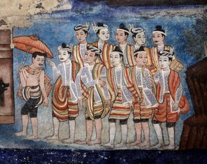 مجموعة من رجال تاي ياي (شان) ، تفاصيل جداريات فيهارن لايكام تصور حكايات سانغ ثونغ (جدارية) بواسطة المدرسة التايلاندية